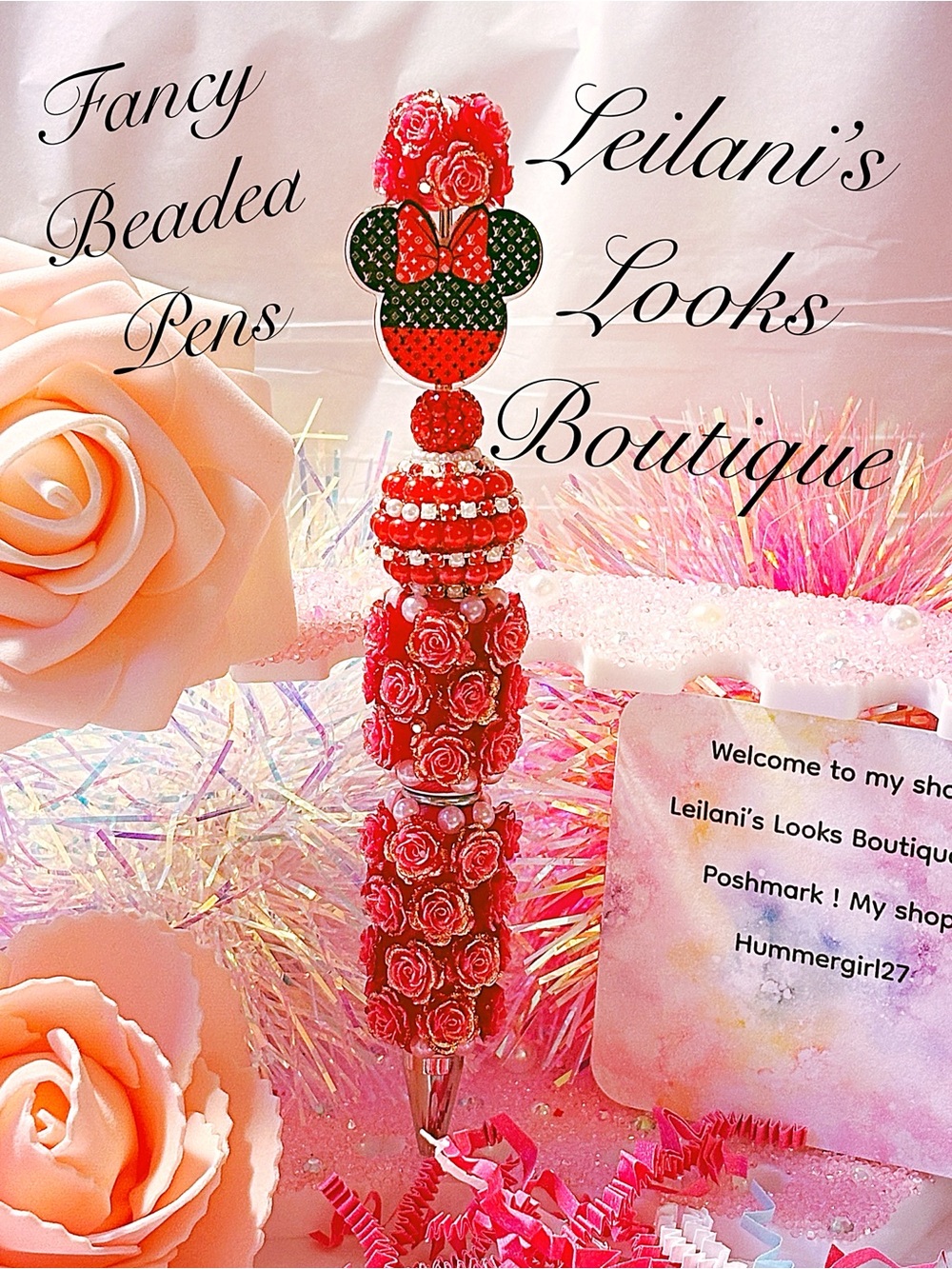 Red Rose Beaded Decorative Pen/
 Fancy beaded Pen/gifts/minnie mouse/